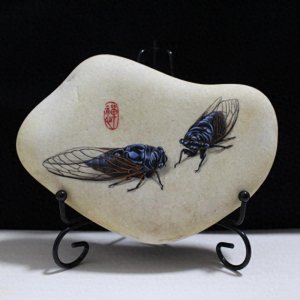 ​手绘七夕礼物爱心鹅卵石双蝉石头画